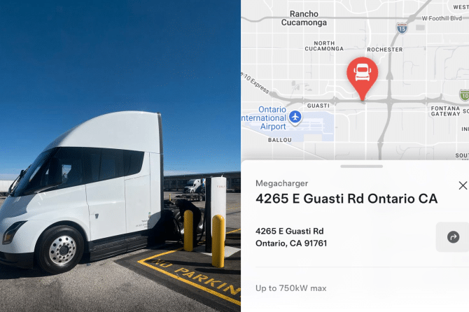 Tesla Semi at the Ontario, CA Megacharger at 4265 E Guasti Rd, rated up to 750 kW