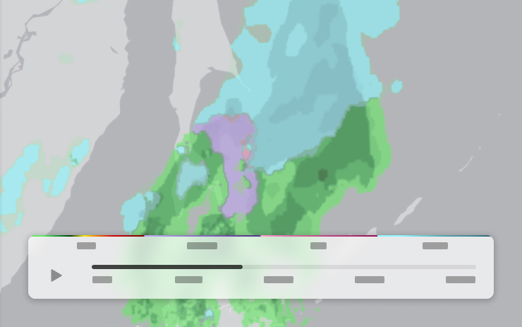 A weather radar map displays areas of green, blue, and purple, indicating different precipitation types, with a media playback bar overlayed at the bottom.