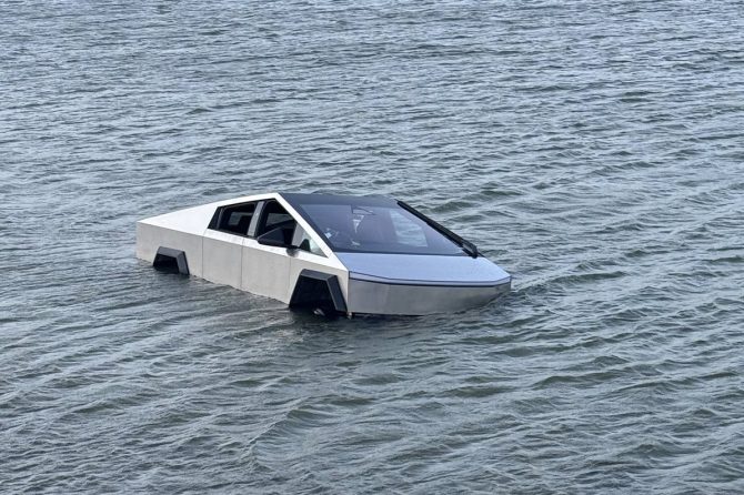 cybertruck in a lake