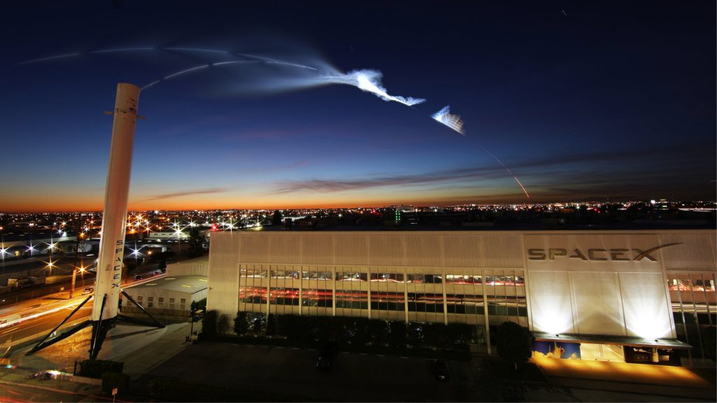 spacex hq california with rocket launch in background