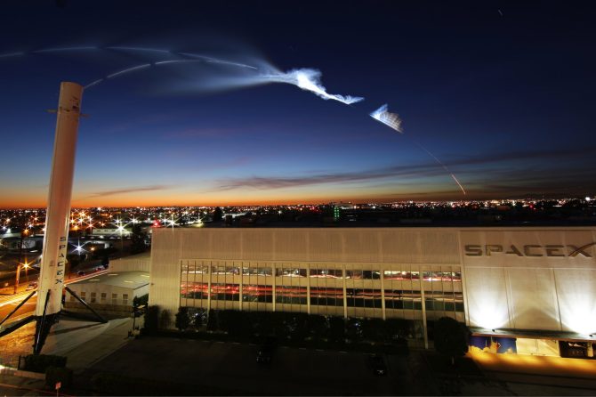 spacex hq california with rocket launch in background