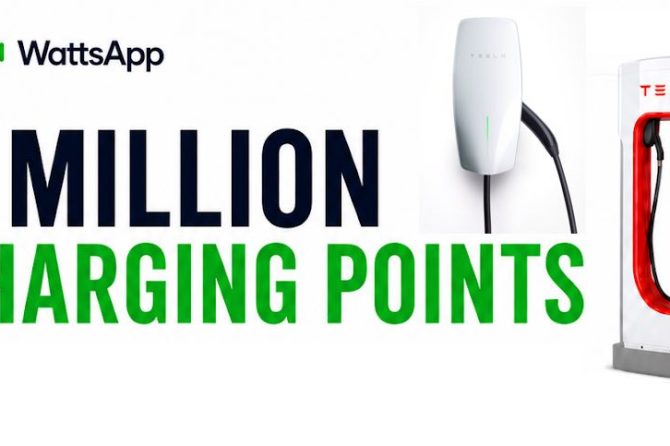 WattsApp graphic celebrating 5 million charging points with a Tesla Supercharger and wall charger