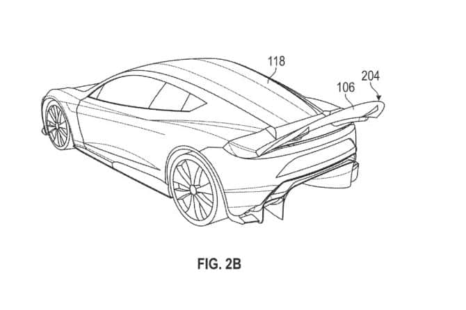 Patent drawing of the Tesla Roadster from the rear three-quarter view with its active rear wing raised