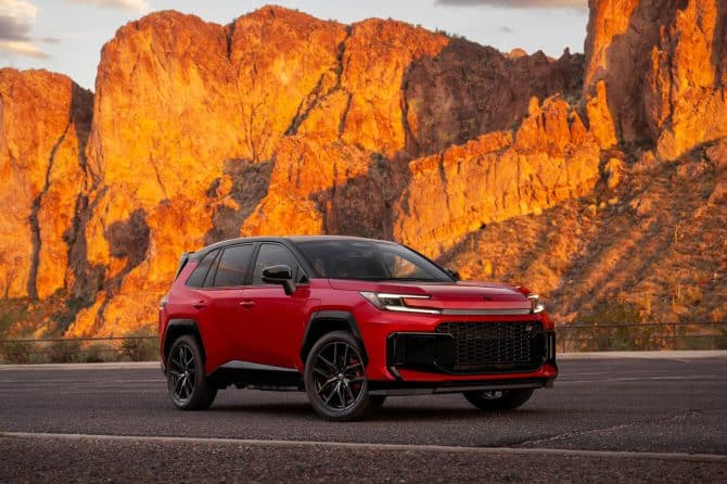 Red 2026 Toyota RAV4 Plug-in Hybrid GR SPORT, front three-quarter view