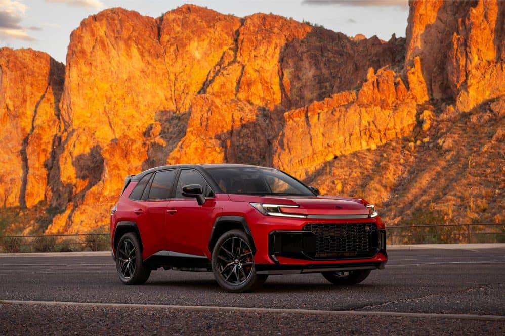 Red 2026 Toyota RAV4 Plug-in Hybrid GR SPORT, front three-quarter view