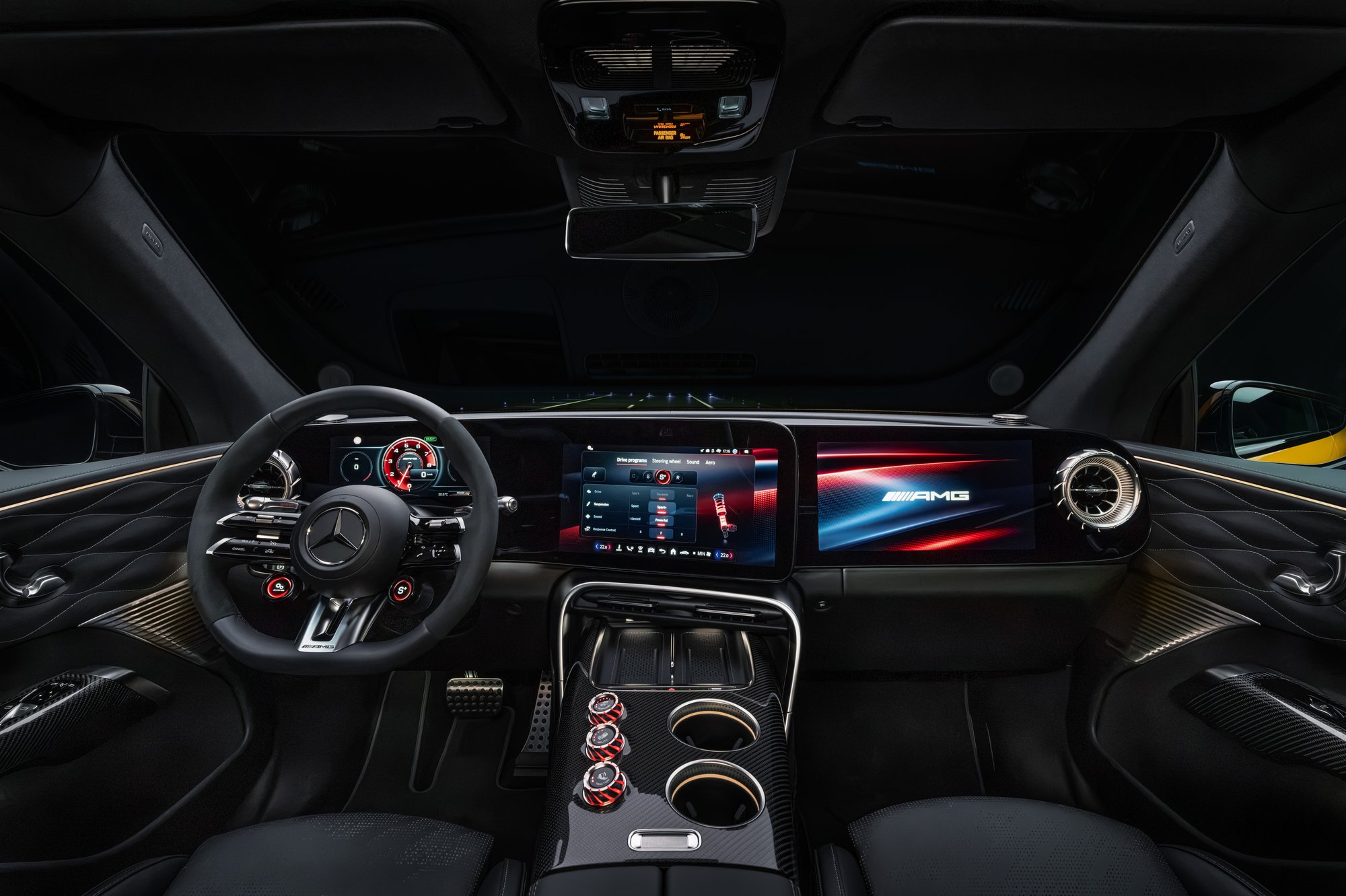 Mercedes-AMG GT 63 SUV cockpit with digital displays and AMG rotary controls on the centre console