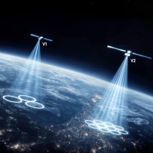 Illustration of two Starlink satellites labelled V1 and V2 beaming signal coverage onto Earth at night