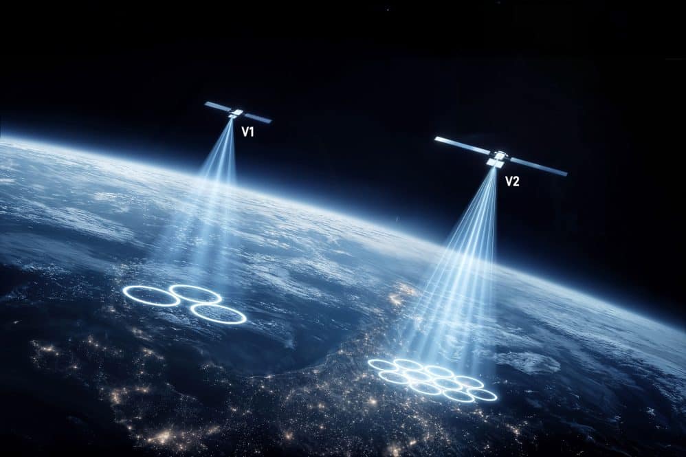 Illustration of two Starlink satellites labelled V1 and V2 beaming signal coverage onto Earth at night