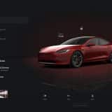 Tesla app two-column iPad layout with vehicle controls on the left and a large red Model S render on the right