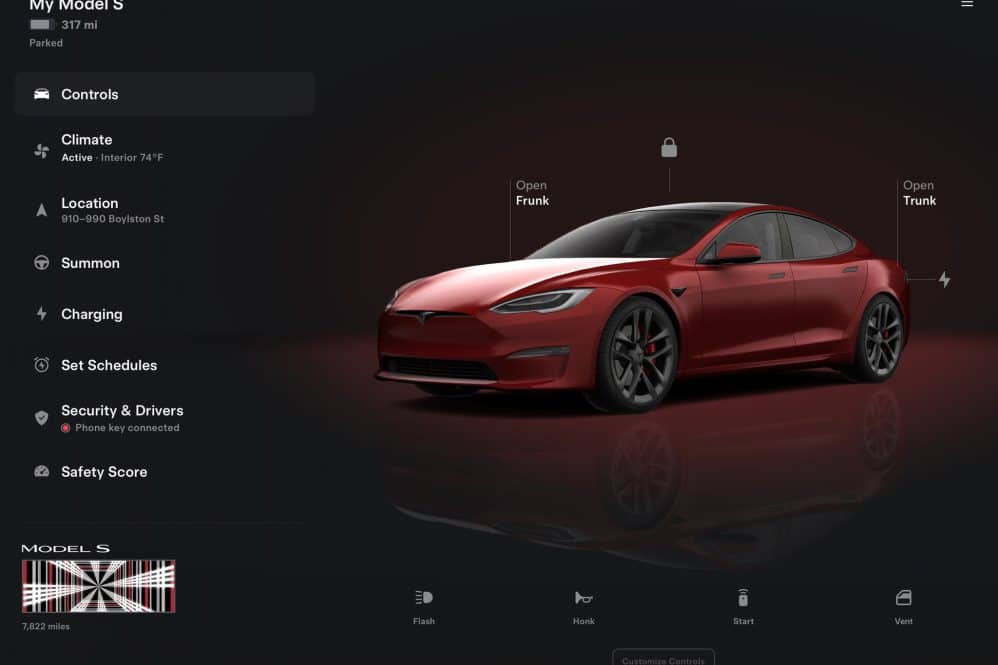 Tesla app two-column iPad layout with vehicle controls on the left and a large red Model S render on the right