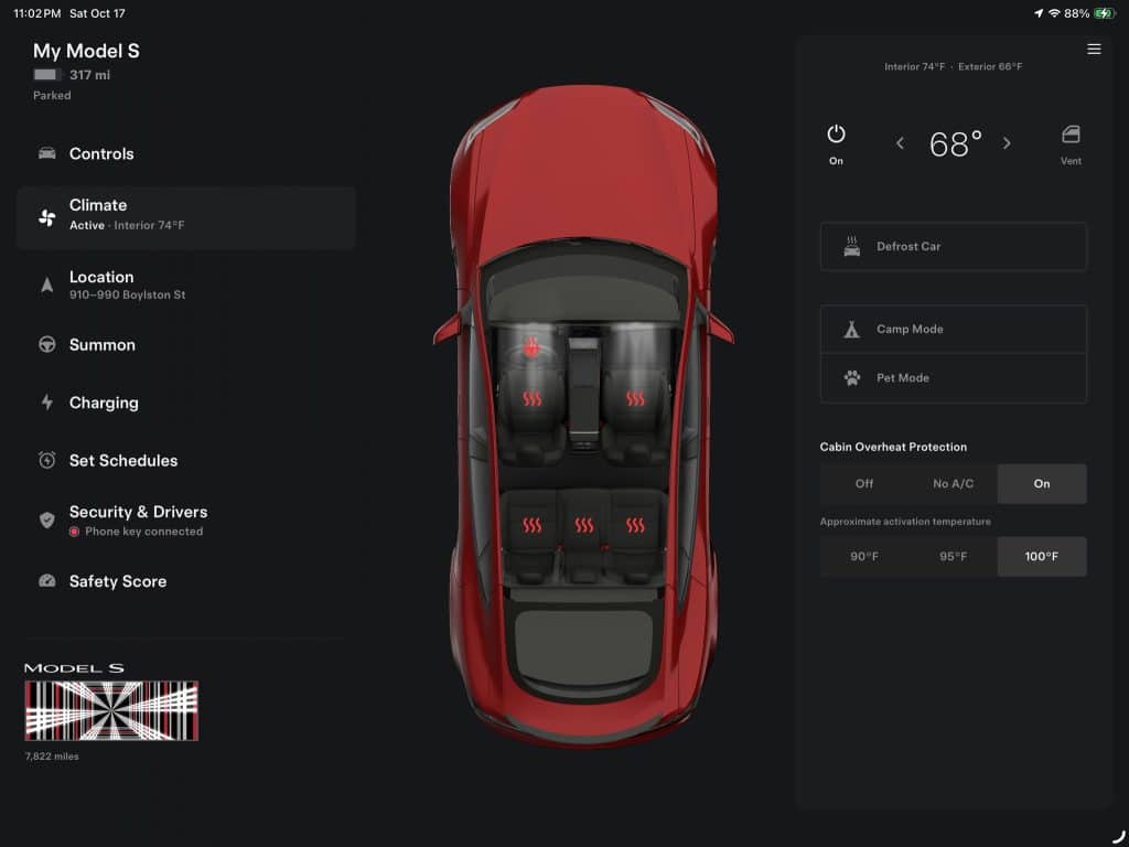 Tesla app iPad Climate view with seat heater controls, Defrost, Camp Mode and Pet Mode