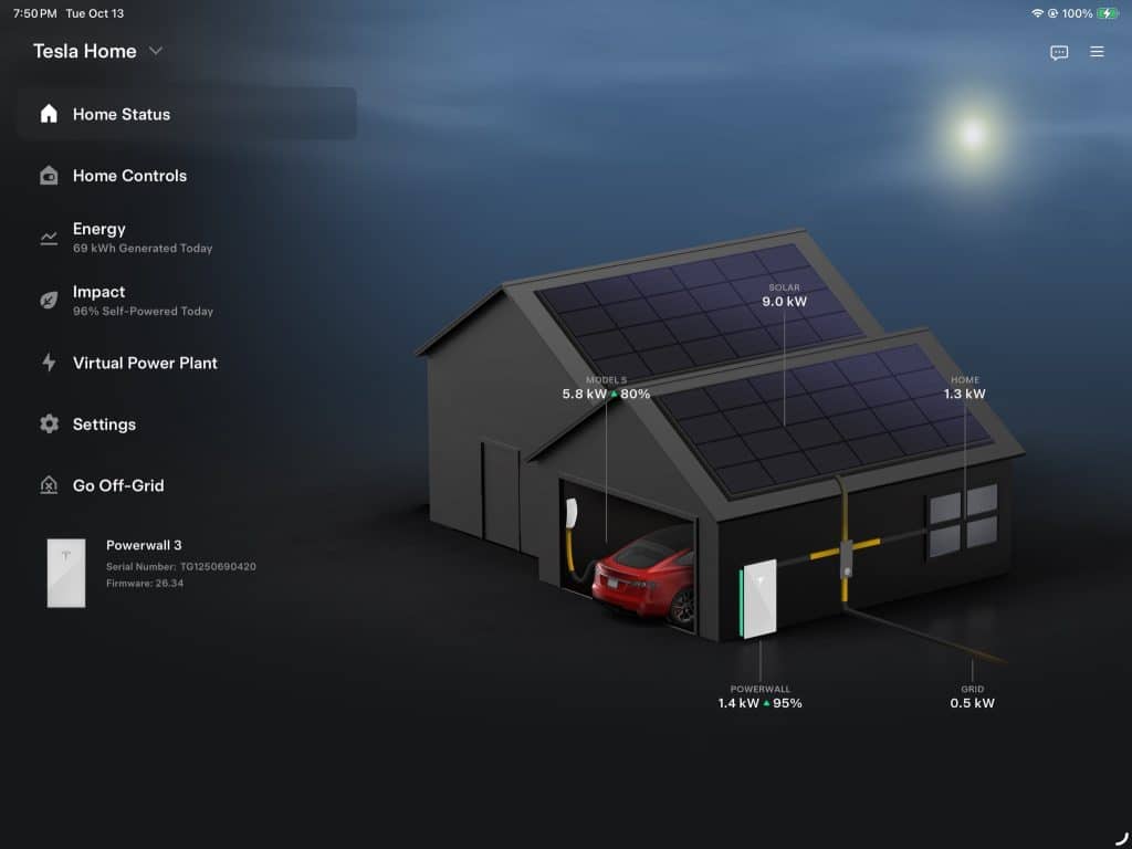 Tesla app iPad Tesla Home view with a 3D house, solar panels, Powerwall and car