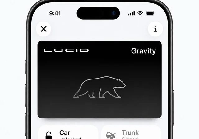 Lucid Gravity digital key card in a phone wallet, with a bear outline and Car Unlocked and Trunk Closed buttons