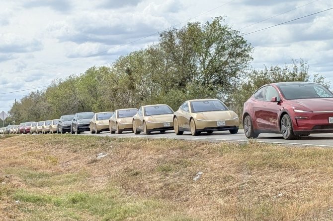 Line of gold Tesla Cybercabs and Model Y Robotaxis in Austin during F1 weekend