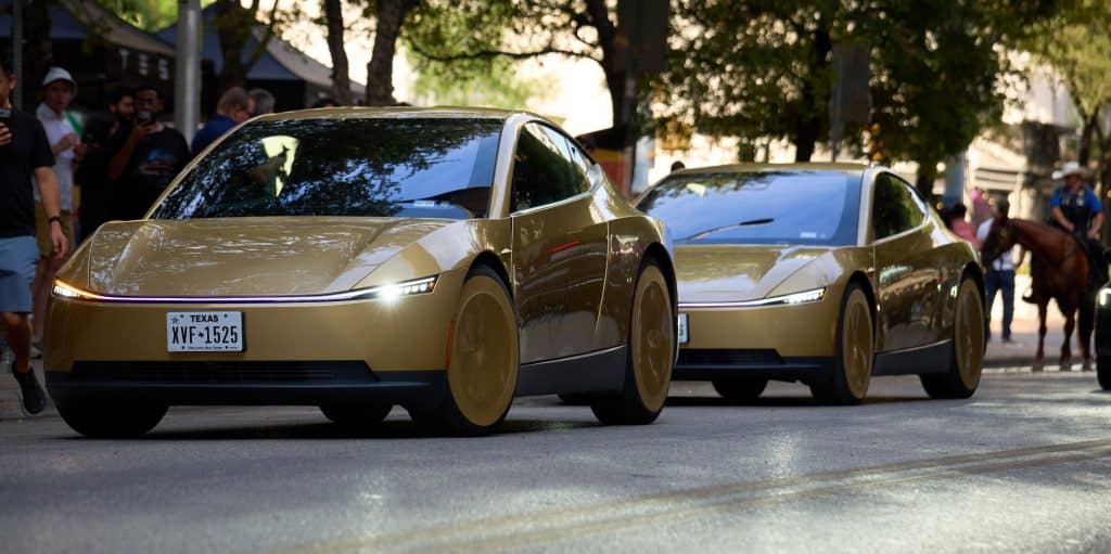 Gold Tesla Cybercabs lined up at the Austin Robotaxi launch