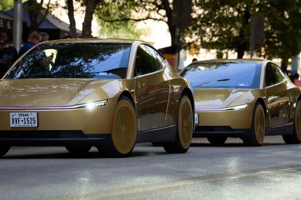 Gold Tesla Cybercabs lined up at the Austin Robotaxi launch