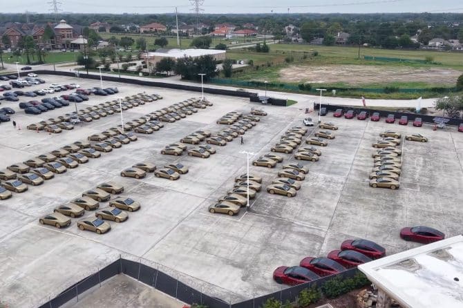 Aerial view of Cybercab fleet parked in Houston