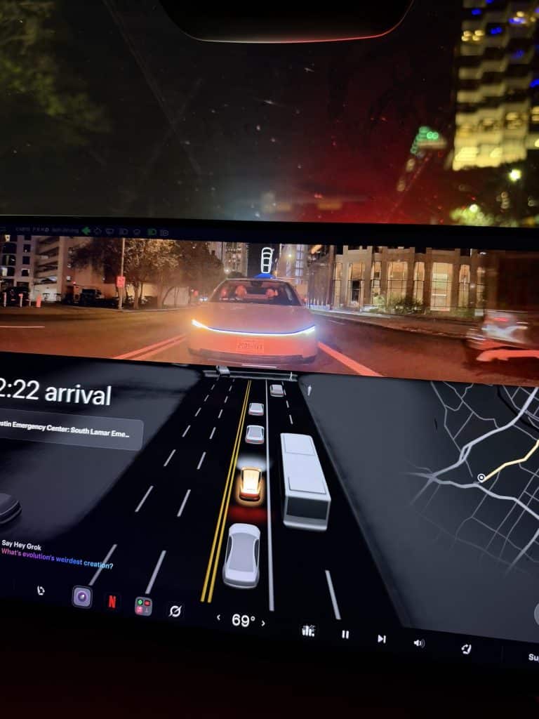 Tesla Cybercab screen showing the rear camera view during a Robotaxi ride in Austin