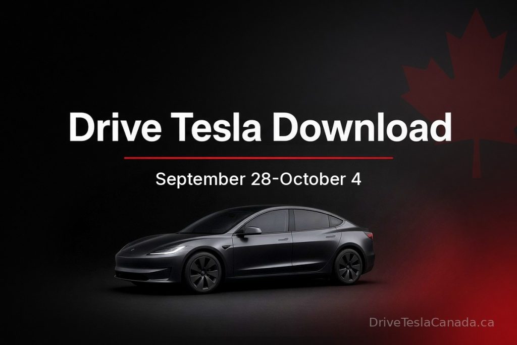 Drive Tesla Download graphic for September 28-October 4 with a dark grey Tesla Model 3 and a red maple leaf