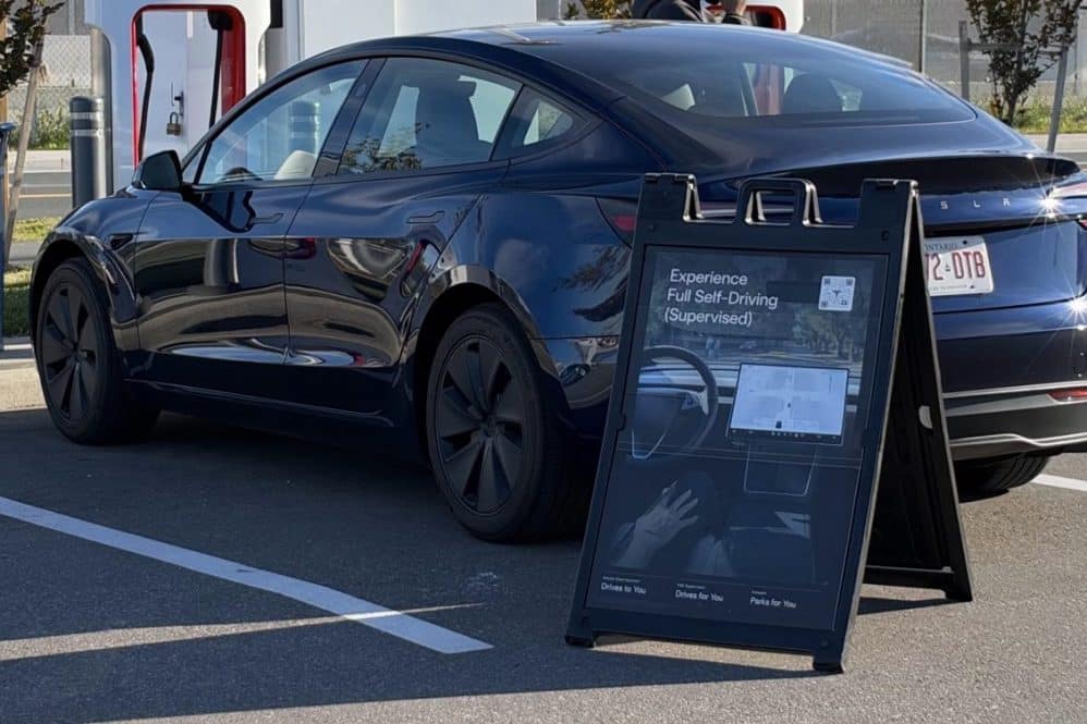 fsd demo drive sign at supercharger in ontario