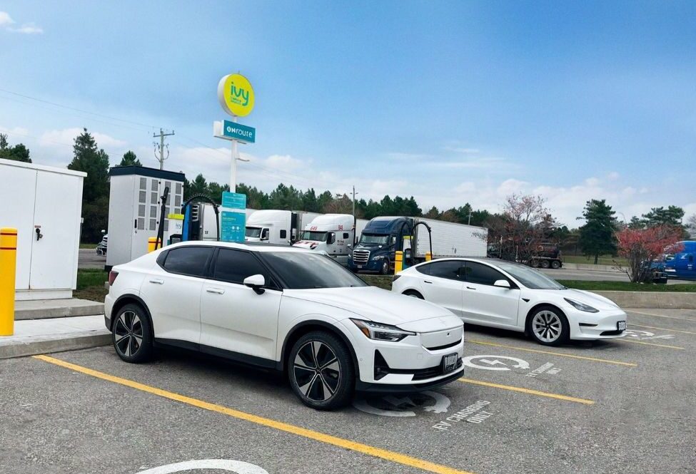 ivy charge network in ontario with a tesla and polestar chraging