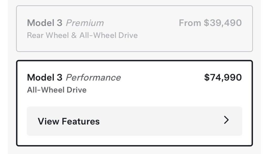 Model 3 trim picker on Tesla Canada website