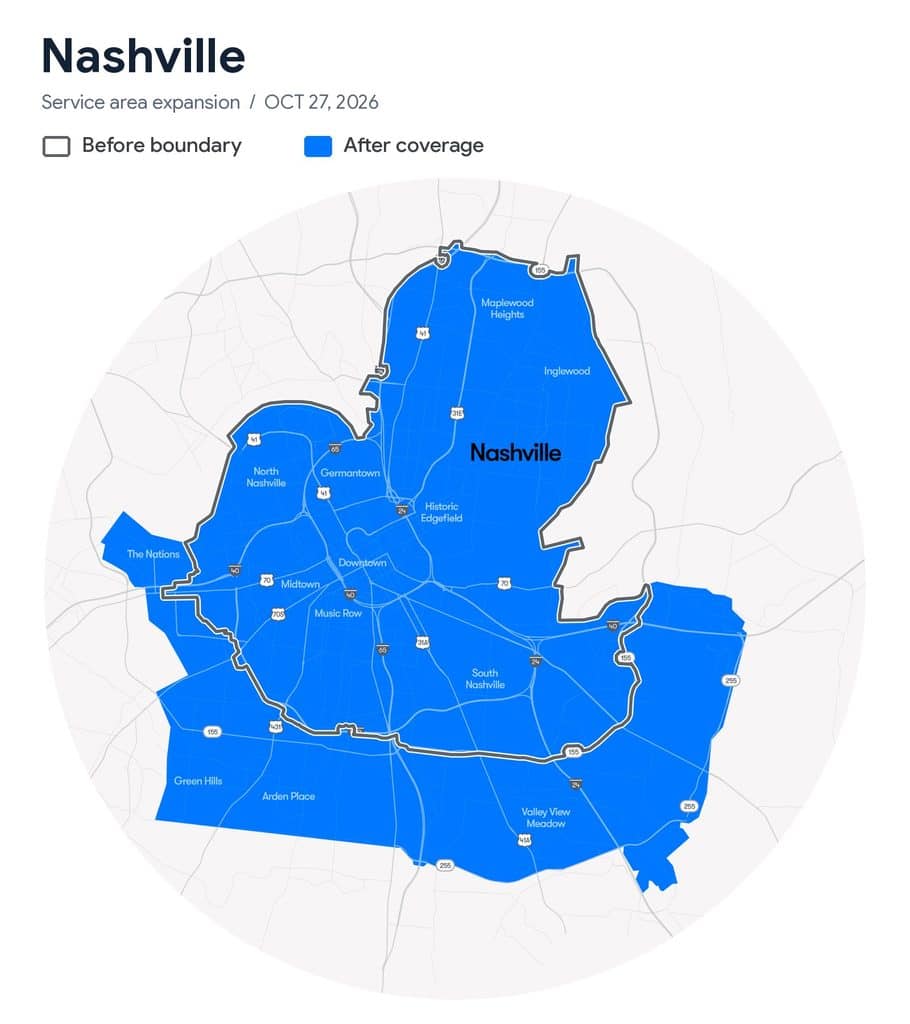 map of waymo's nashville service area