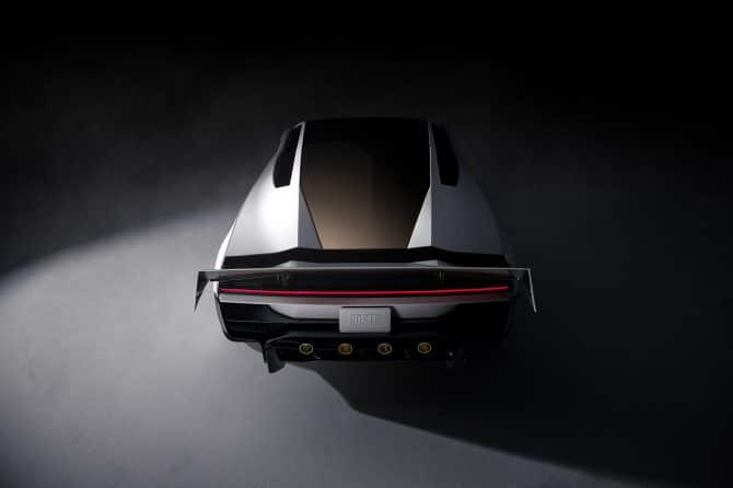 Rear three-quarter view of the new Tesla Roadster showing its cold-gas thruster nozzles