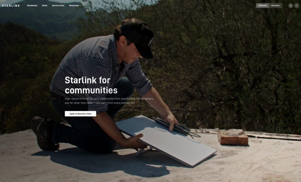 Starlink for Communities page with man installing dish