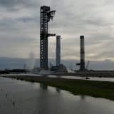 Starship Super Heavy booster during its Flight 15 static fire at Starbase, Texas