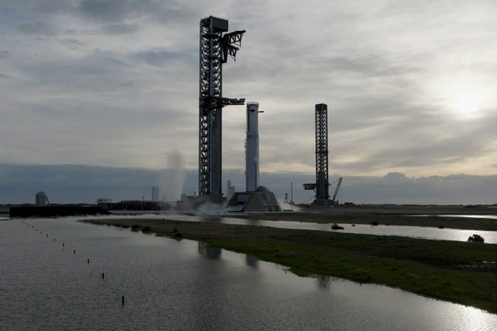 Starship Super Heavy booster during its Flight 15 static fire at Starbase, Texas