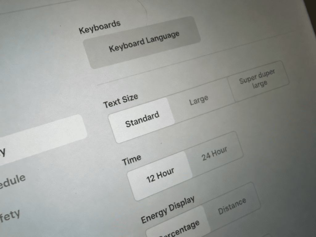 tesla font size settings on the in-car display with mocked up new setting