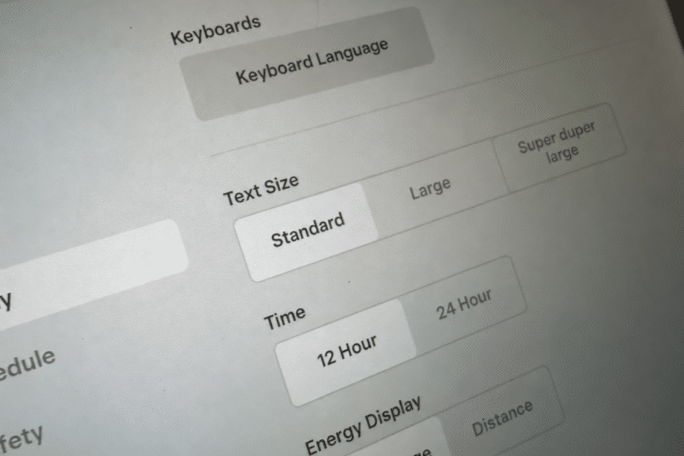 tesla font size settings on the in-car display with mocked up new setting