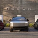 tesla lineup of vehicles at a supercharger with model 3, cybertruck, and model y
