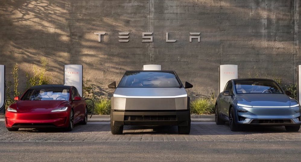 tesla lineup of vehicles at a supercharger with model 3, cybertruck, and model y