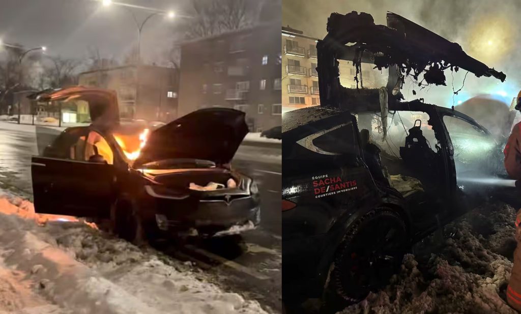 Side-by-side photos of a Tesla Model X on fire on a snowy Montreal street at night, then its burned-out shell beside a firefighter