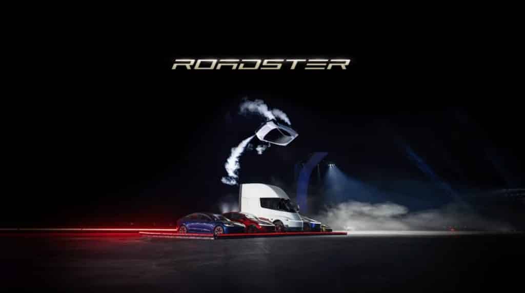 tesla roadster flying over the lineup of vehicles