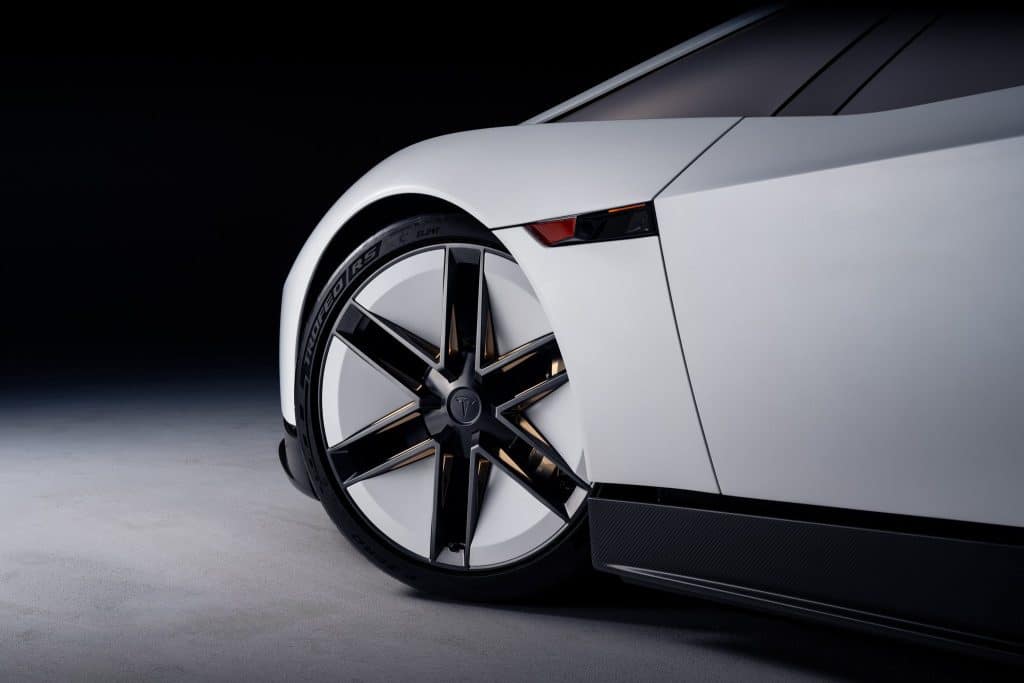 tesla roadster close up of the driver side wheel