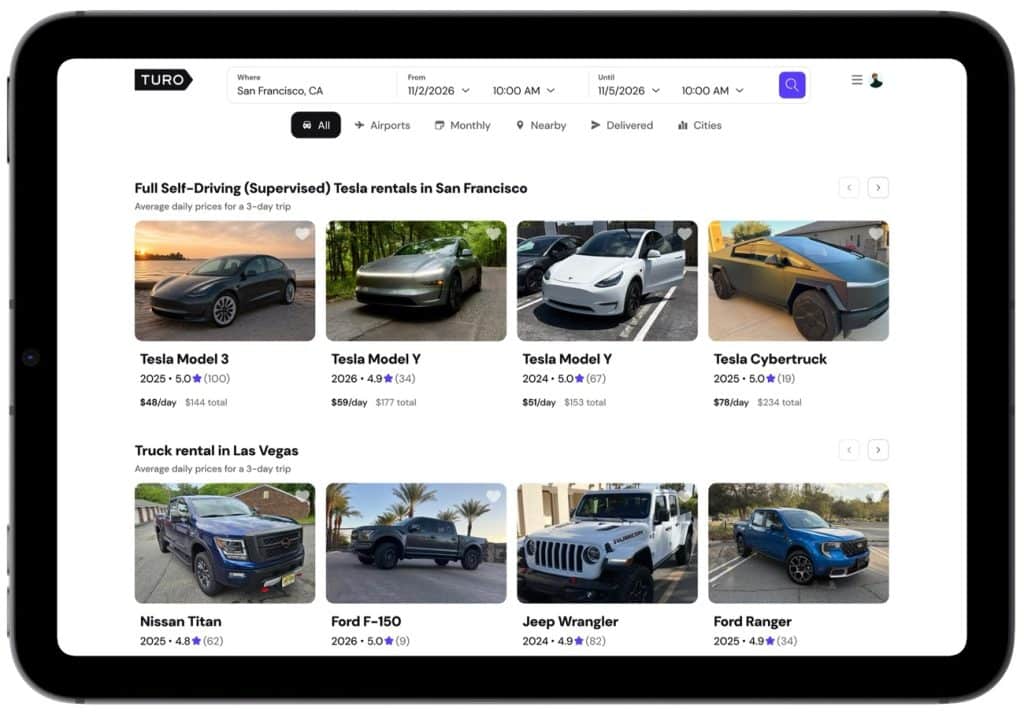 turo listing of tesla's with fsd