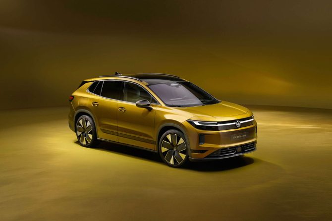 Gold 2027 Volkswagen ID. Tiguan electric SUV, front three-quarter view