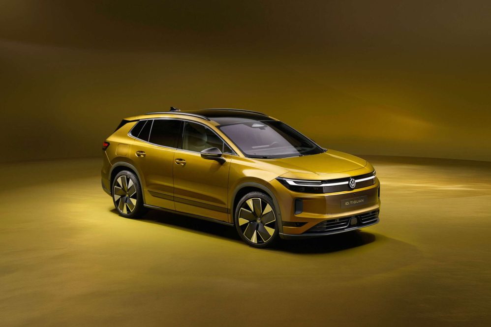 Gold 2027 Volkswagen ID. Tiguan electric SUV, front three-quarter view