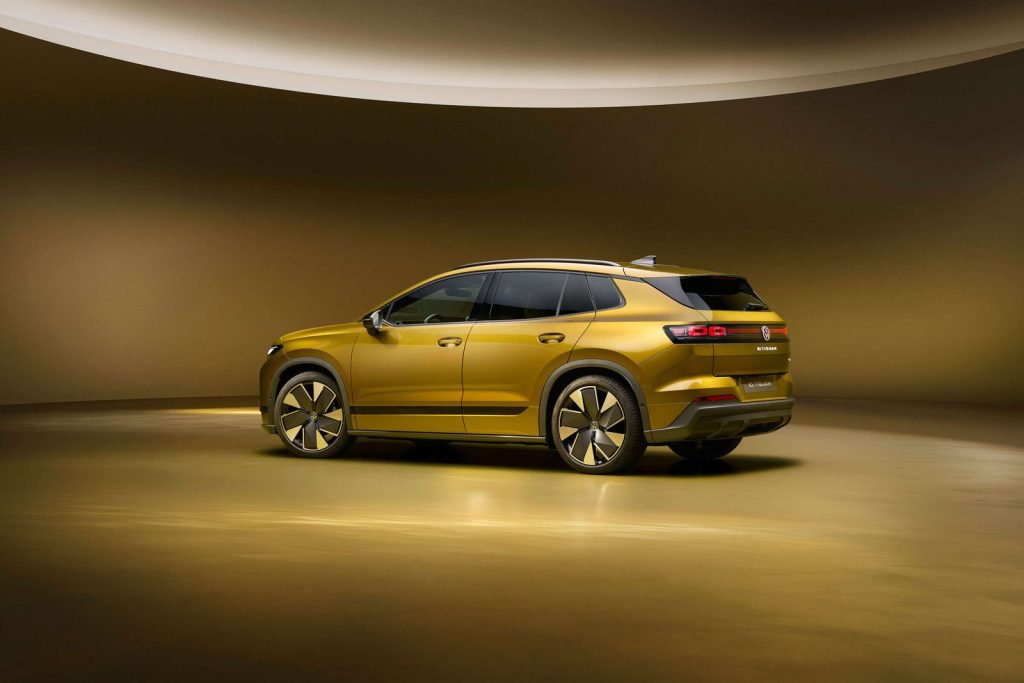 Rear three-quarter view of the Volkswagen ID. Tiguan showing its full-width light bar